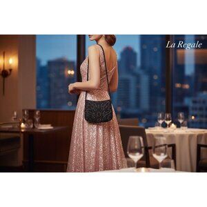 La Regale Black Beaded Crossbody Evening Bag With Floral Design Handmade 8" x 6"